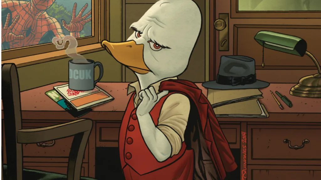 Howard the Duck standing by a desk with his jacket over his shoulder