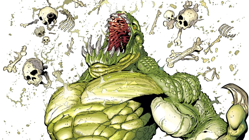 Killer Croc looking up and roaring with bones surrounding him