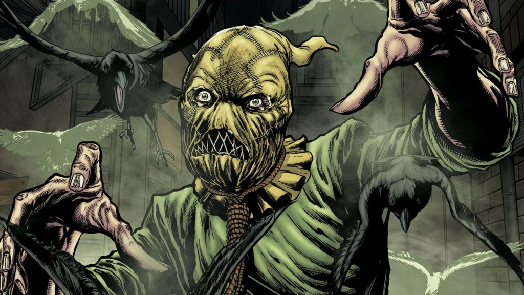 Scarecrow surrounded by crows and looking scary