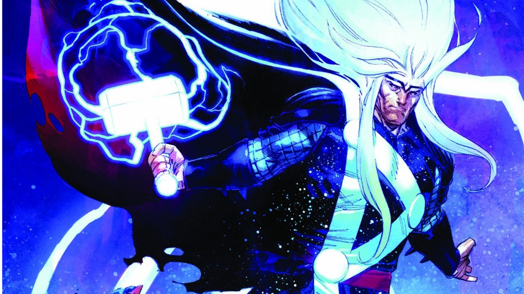 Thor surrounded by energy, holding a glowing Mjolnir, his arms outstretched and hair blowing in the wind