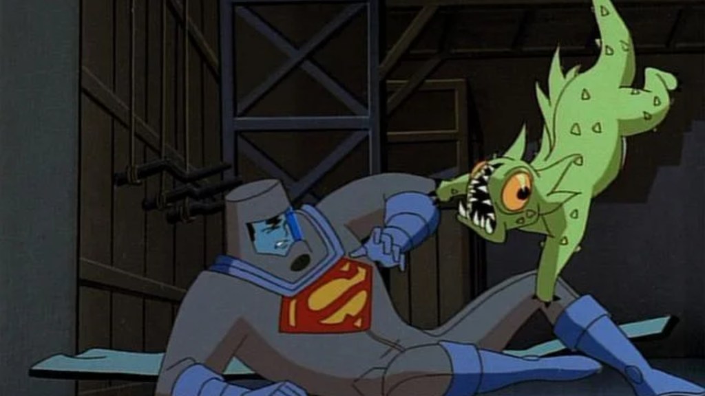 Superman getting attacked by Bizarro-Krypto in the DCAU