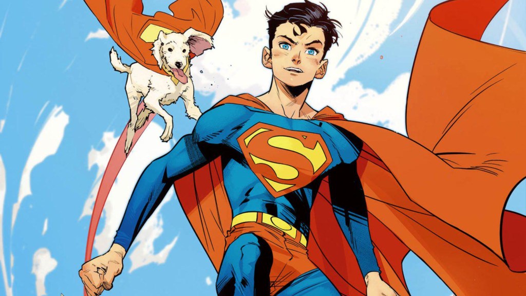 Superboy flying in the sky with Krypto behind him