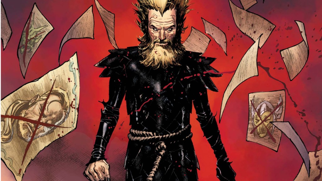 Donald Blake covered in blood and walking with pictures of other versions of Thor all around him