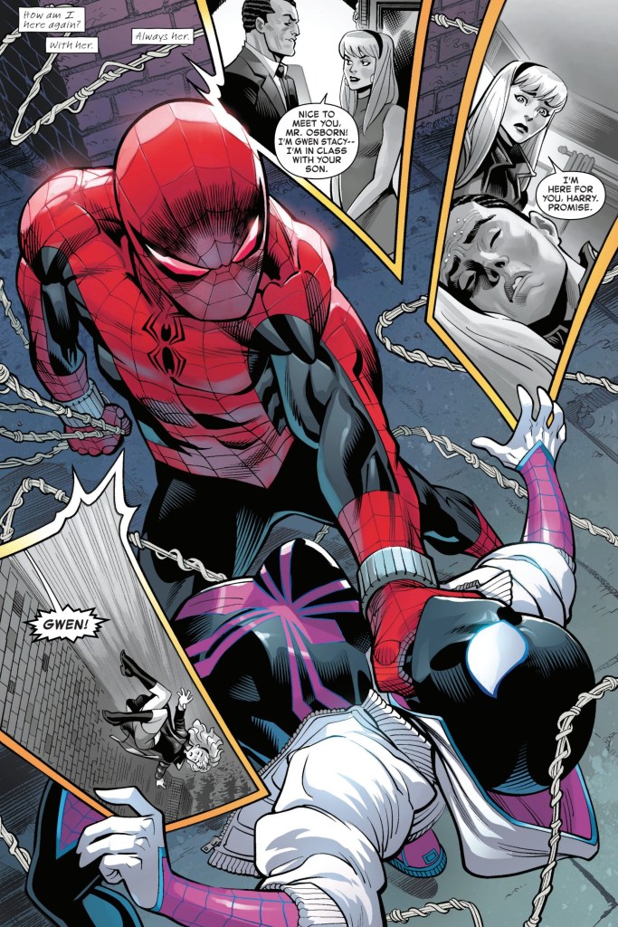 Norman Osborn as Spider-Man choking Spider-Gwen while thinking of his actions towards Spider-Gwen