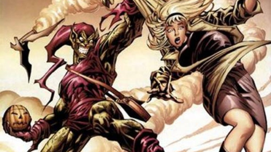 Norman Osborn as the Green Goblin holding up Gwen Stacy by her jacket