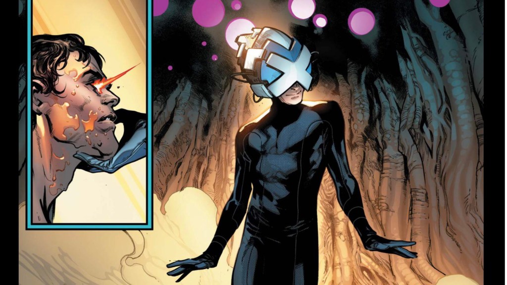 Xavier lifting Cyclops's head and then standing there in a jaunty pose