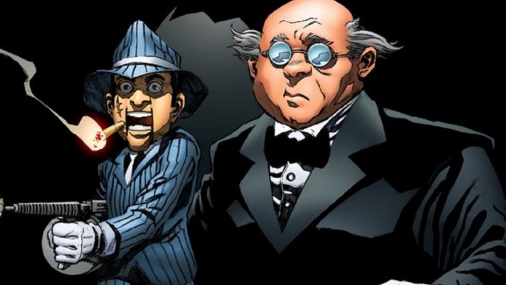 Scarface firing his machine gun while smoking as the Ventriloquist