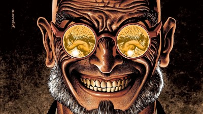 Hugo Strange looking at Batman, with the Caped Crusader reflected in his glasses