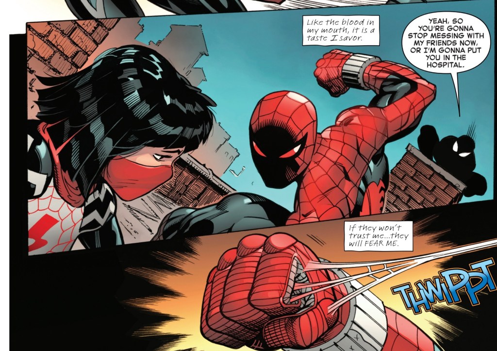 Norman Osborn as Spider-Man about to punch Silk as Spider-Gwen hits hi with a webline