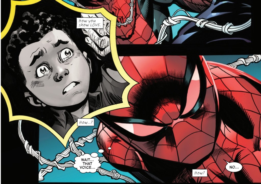 Norman Osborn as Spider-Man thinking of his past and then realizing he's heard Gwen Stacy's voice