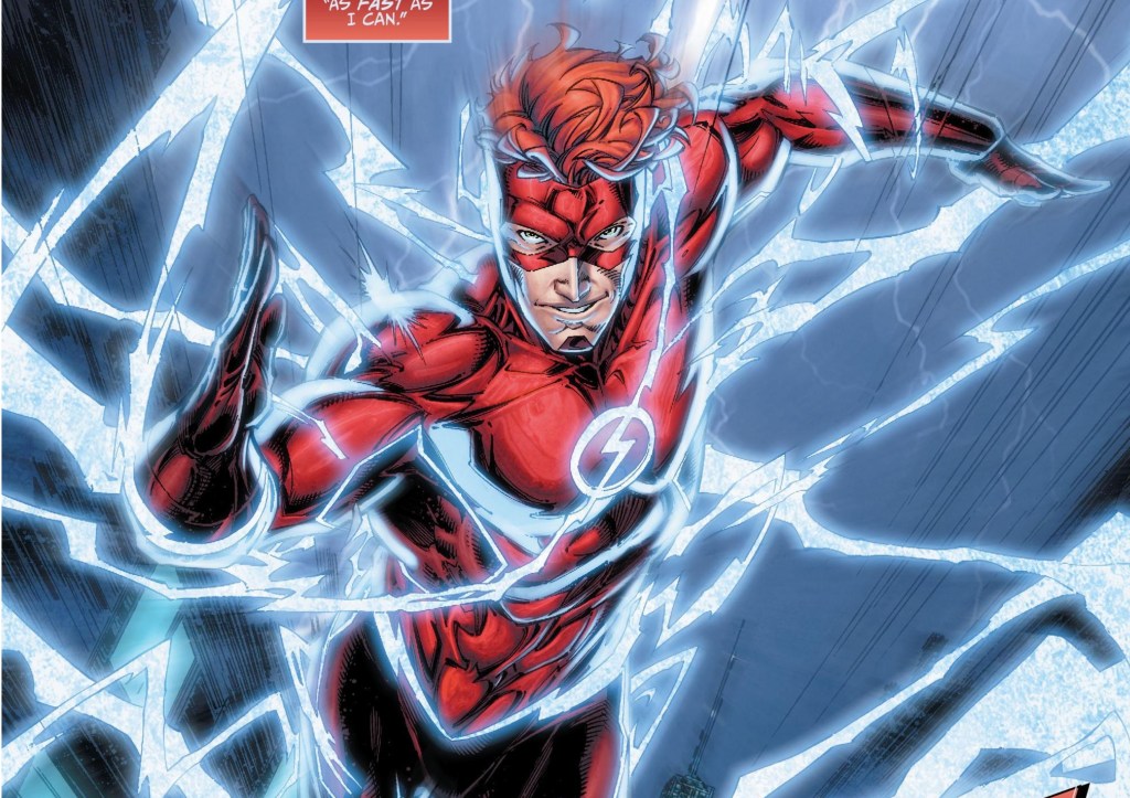 Wally West in his Rebirth costume, surrounded by blue lightning
