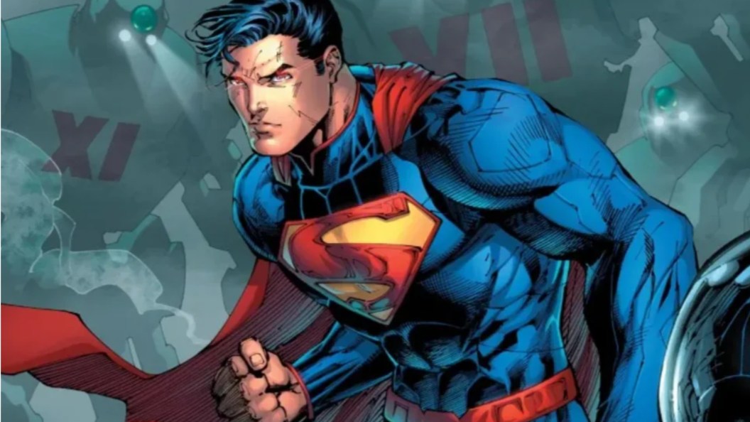 New 52 Superman standing in front of two massive robots in the mists