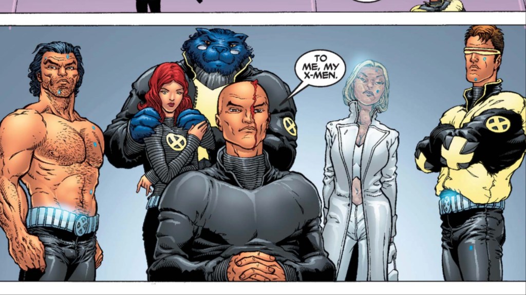 Wolverine, Jean Grey, Beast, Emma Frost, and Cyclops standing behind Professor Xavier