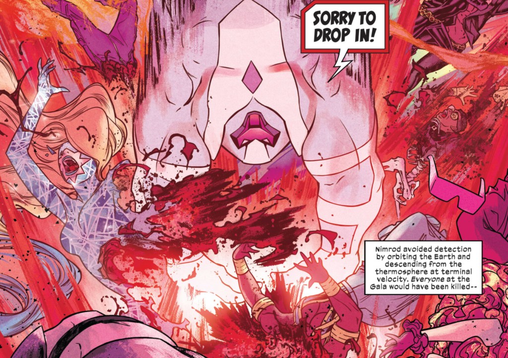 Nimrod killing the X-Men by being dropped from orbit