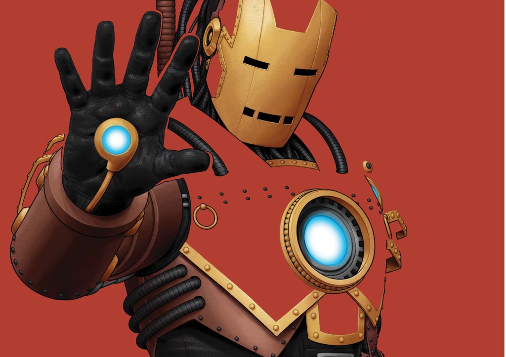Iron Man in his "cyberpunk" costume, holding out a hand with his repulsor glowing