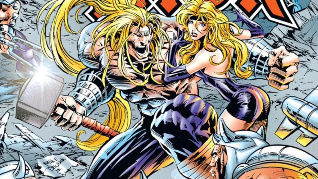 Enchantress holding Thor while they're surrounded by bad guys