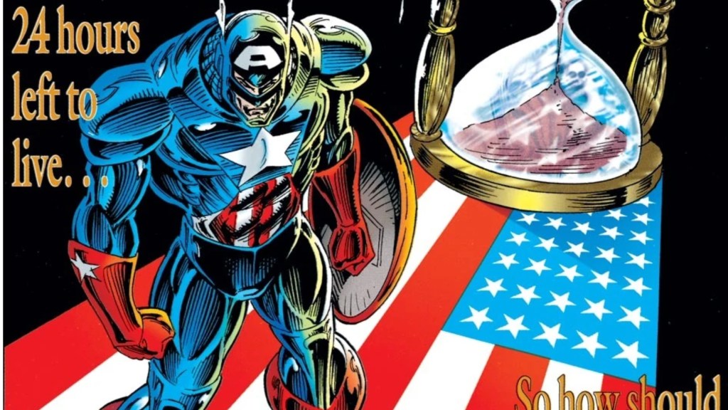 Captain America wearing his exoskeleton, standing on a flag with an hourglass behind him