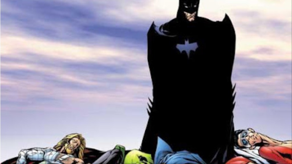 Batman standing over the vanquished Aquaman, Martian Manhunter, and Plastic Man