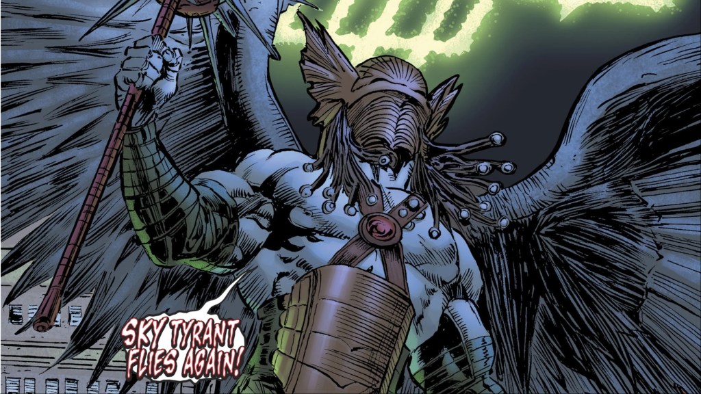 Sky Tyrant holding his mace while the symbol of doom lights up behind him