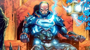 Lex Luthor sitting on Darkseid's throne with a Mother Box saying Lex's name next to him