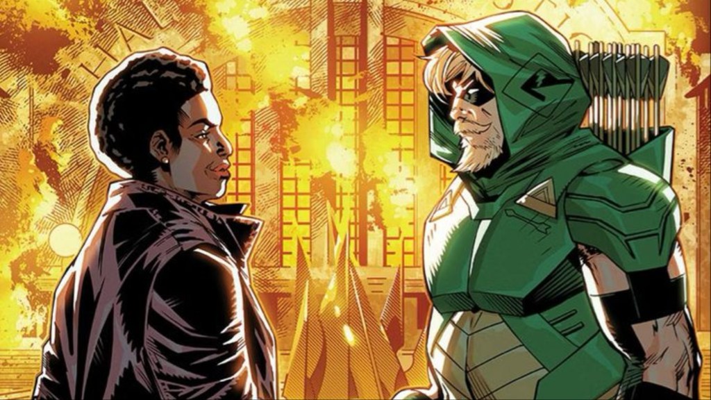 Green Arrow shaking hands with Amanda Waller in front of a burning building