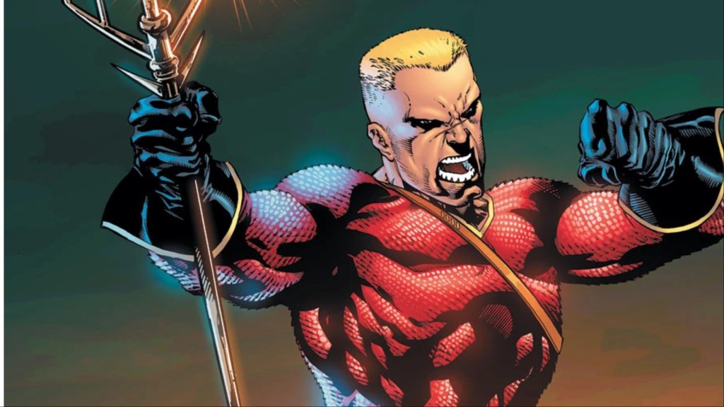 The Aquaman of the Flashpoint universe holding his trident