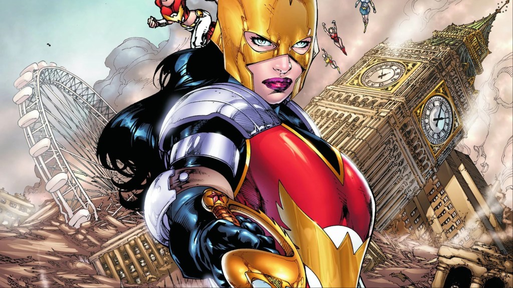 The Wonder Woman of the Flashpoint universe holding her sword at the viewer