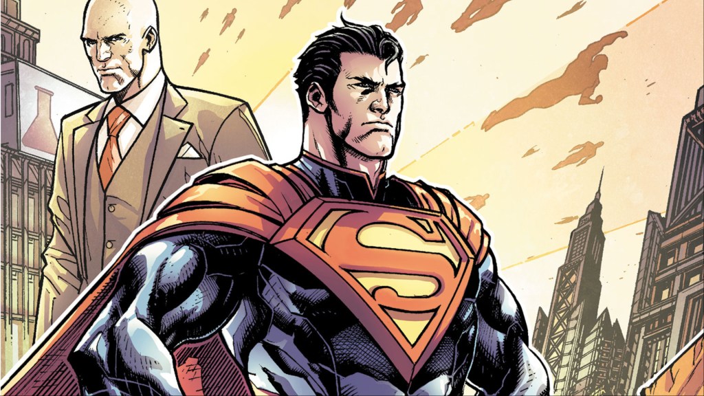 Injustice Superman authoritatively standing with his hands on his hips with Mex Muthor behind him and a sky full of people flying