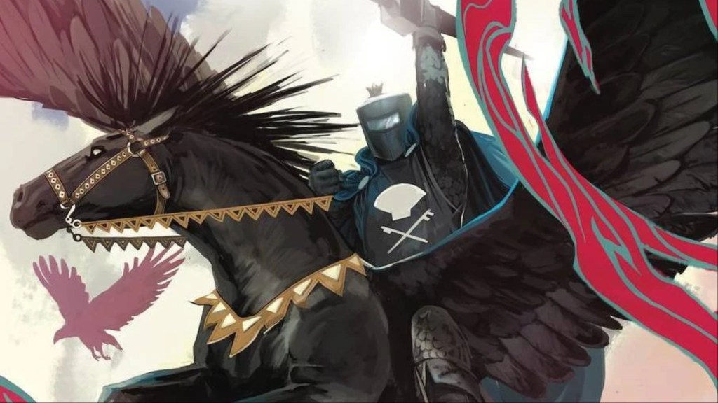 Black Knight holding up the Ebon Blade while riding his pegasus