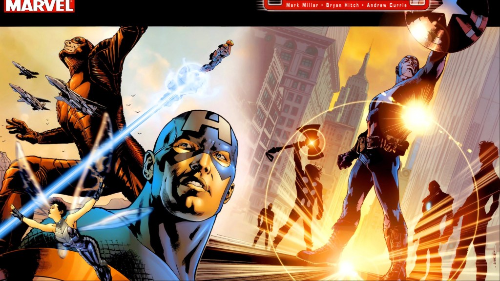 Giant-Man with plans flying around him, with Captain America's head under him, and Thor, Captain America, and Iron Man standing with the Wasp