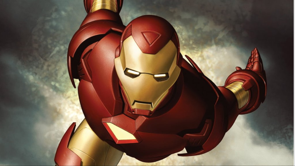 Iron Man flying through a dark and stormy sky