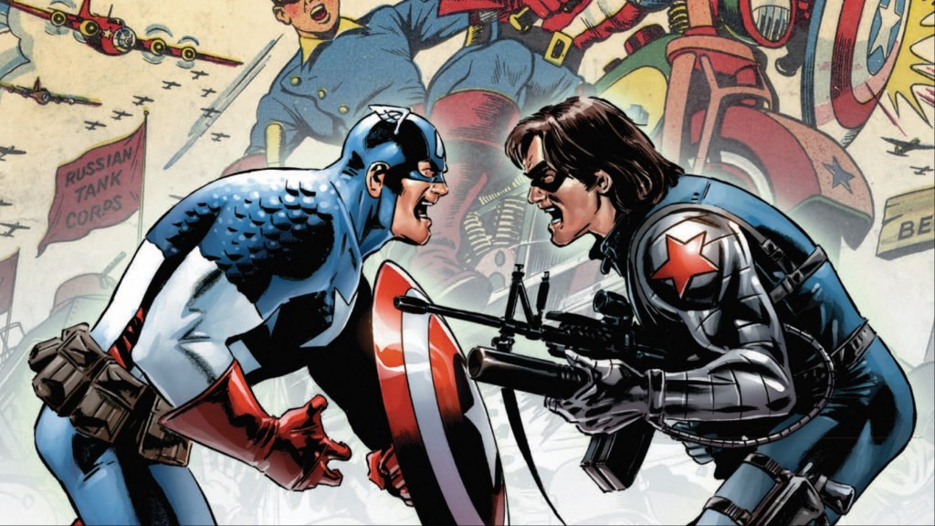 Captain America facing off against the Winter Soldier