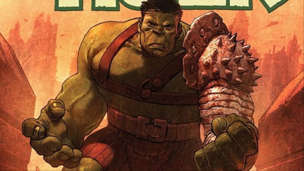 The Hulk in his gladiator costume in front of a misty city