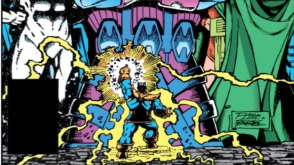 Thanos surrounded by energy facing off against the cosmic beings of the Marvel Universe