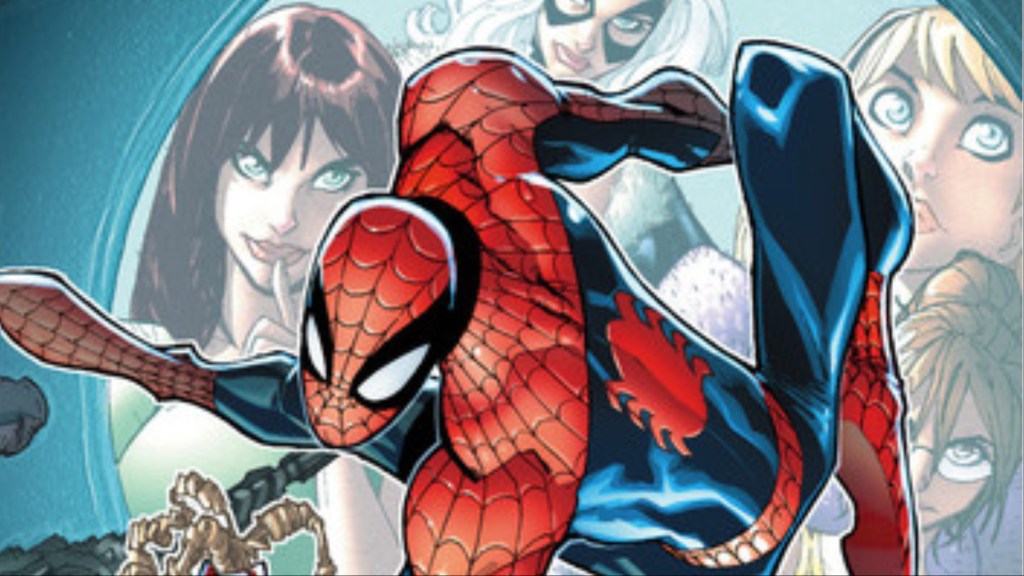 Spider-Man in front of a moon with his former girlfriends Mary Jane, Black Cat, Gwen Stacy, and Betty Brant