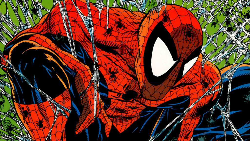 Spider-Man sitting surrounded by webs and spiders