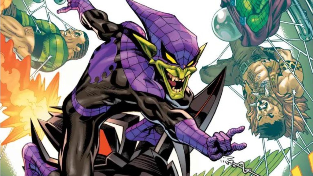Spider-Man as Green Goblin surrounded by Sandman, Mysterio, and Kraven in webs