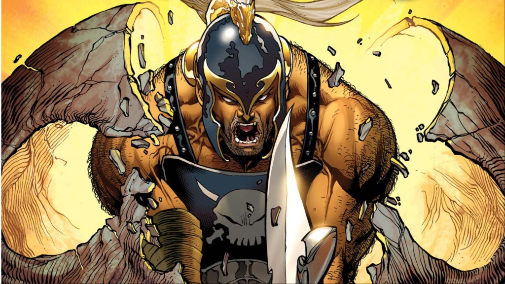 Ares cutting through a skull with his ax