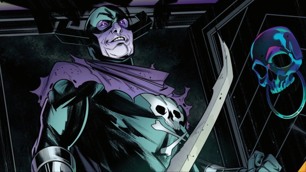 The Grim Reaper brandishing his blade in a dark room