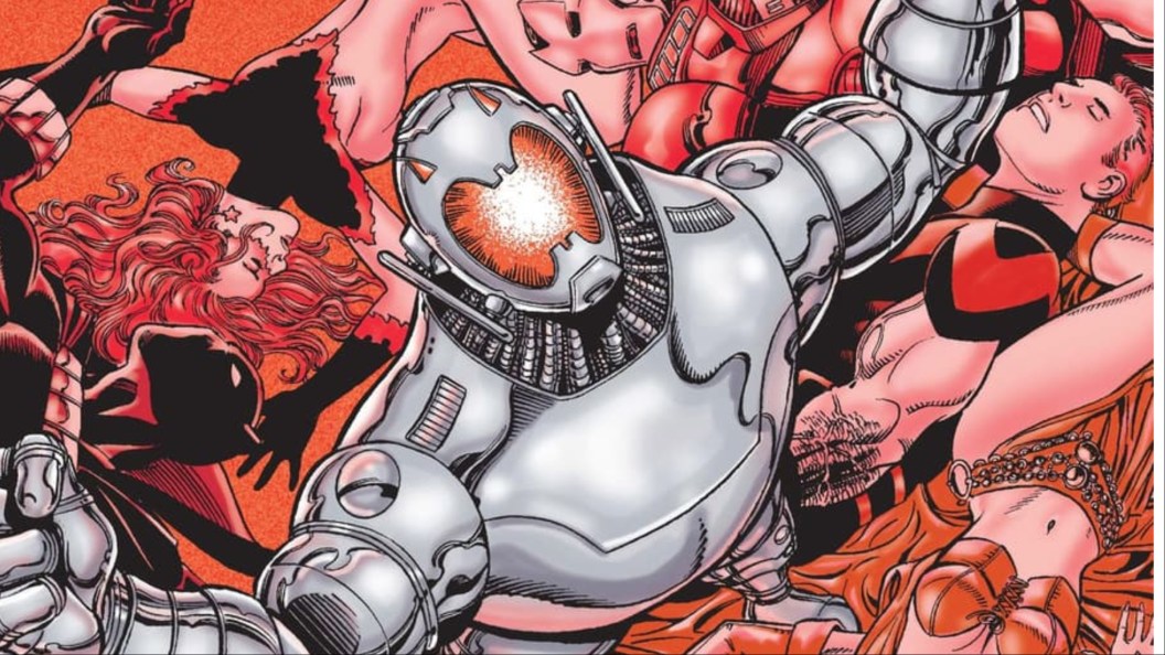 Ultron standing over the fallen Avengers, laughing