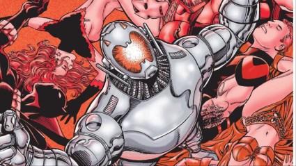 Ultron standing over the fallen Avengers, laughing