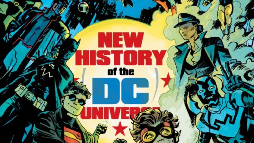 Mister Terrific, Batgirl Superboy, Impulse, Blue Beetle III, and Renee Montoya as the Question standing around the logo for New History of the DC Universe