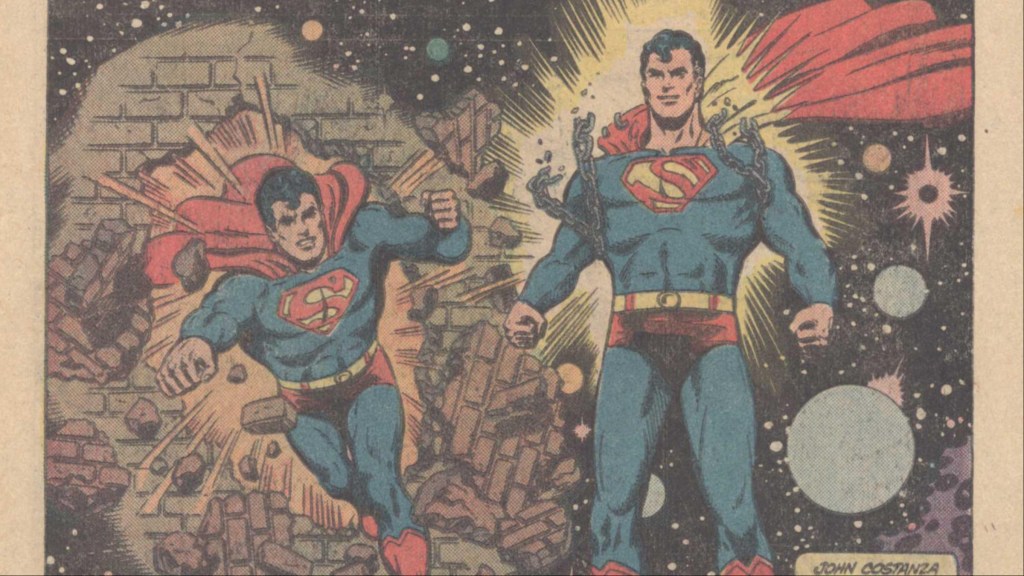 Earth-One Superman breaking through a brick wall and Earth-Two Superman breaking out of chains