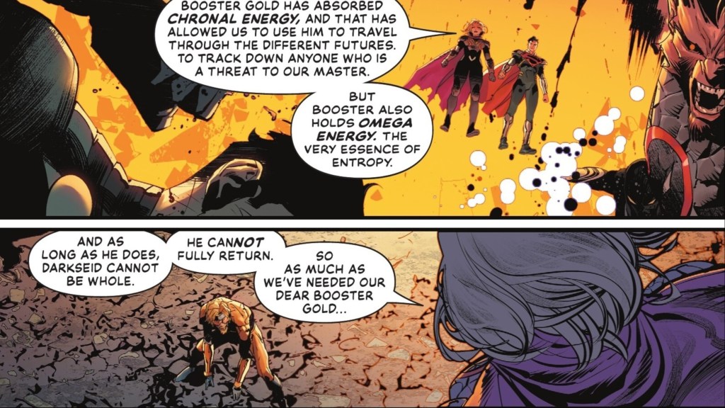 Saturn Girl telling Superboy-Prime about Booster Gold being infused with Omega Energy