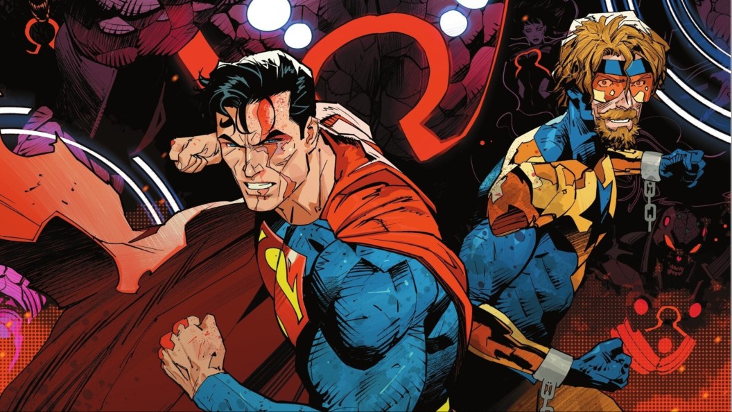 A beaten Superman and Booster Gold standing next to each other