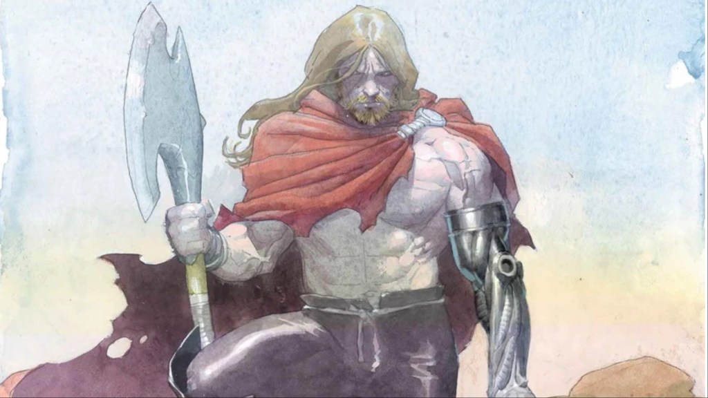 Thor Odinson holding Jarnbjorn and with an uru arm