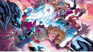Jane Foster as Thor leading Thor Odinson, the War Thor, and other versions of Thor into battle