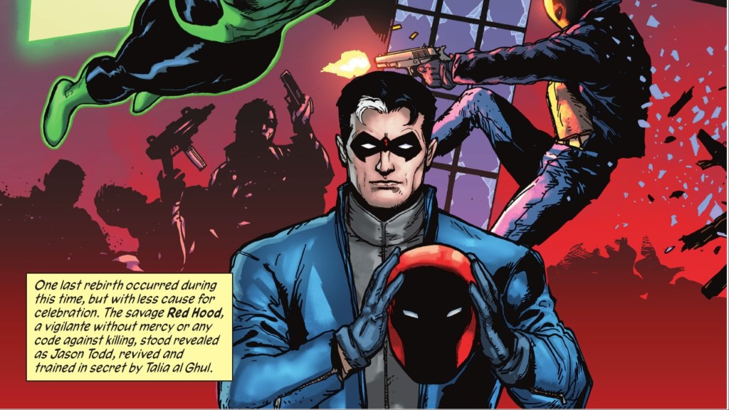 Jason Todd riding guns as the Red Hood and then him with his helmet off