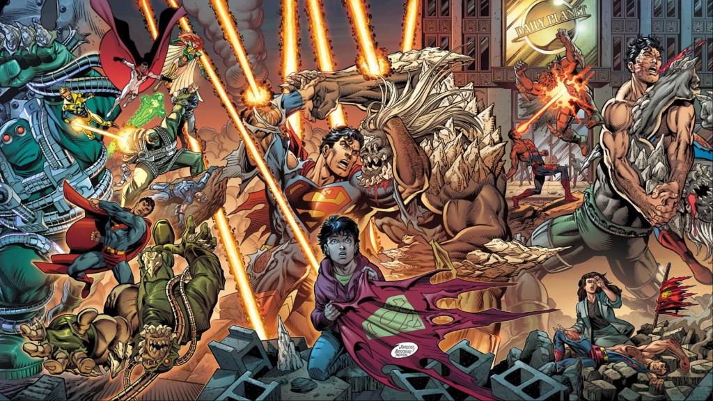 Scenes from the Death of Superman, with Superman fighting Doomsday along with the Justice League, Jon Kent holding Superman's tattered cape, and Lois Lane crying over his body