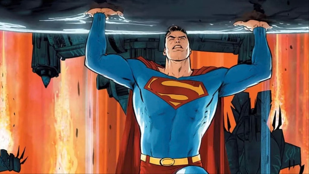 Superman lifting something while flying
